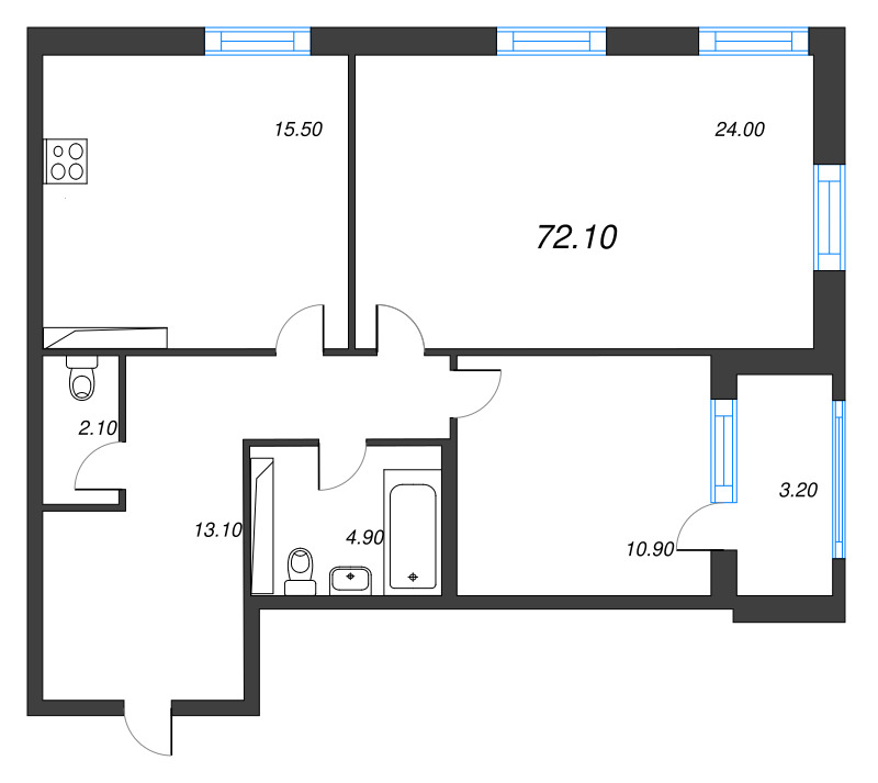 3-комнатная (Евро) квартира, 72.1 м² в ЖК "Тайм Сквер" - планировка, фото №1