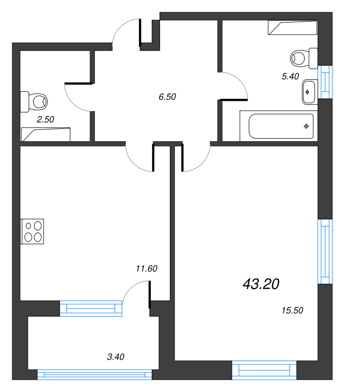 1-комнатная квартира, 43.2 м² в ЖК "Тайм Сквер" - планировка, фото №1
