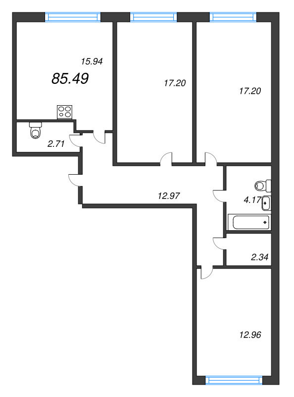 4-комнатная (Евро) квартира, 85.49 м² в ЖК "OKLA" - планировка, фото №1