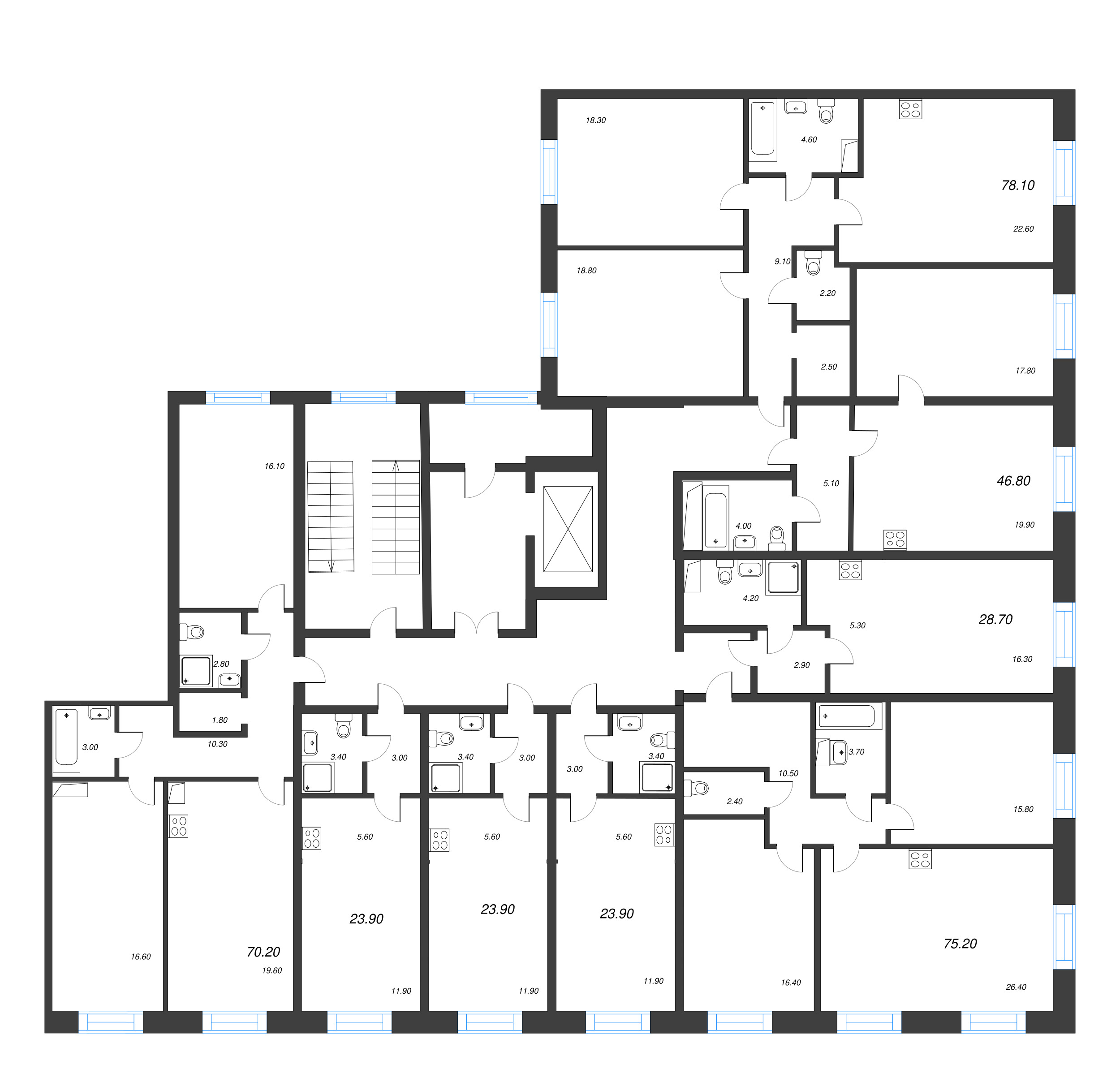 3-комнатная (Евро) квартира, 70.5 м² в ЖК "Neva Haus" - планировка этажа