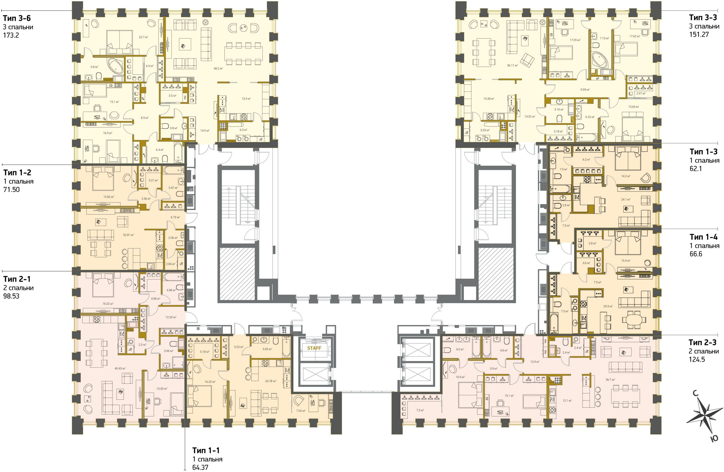 4-комнатная (Евро) квартира, 173.2 м² в ЖК "Legenda Premium Институтский, 16" - планировка этажа