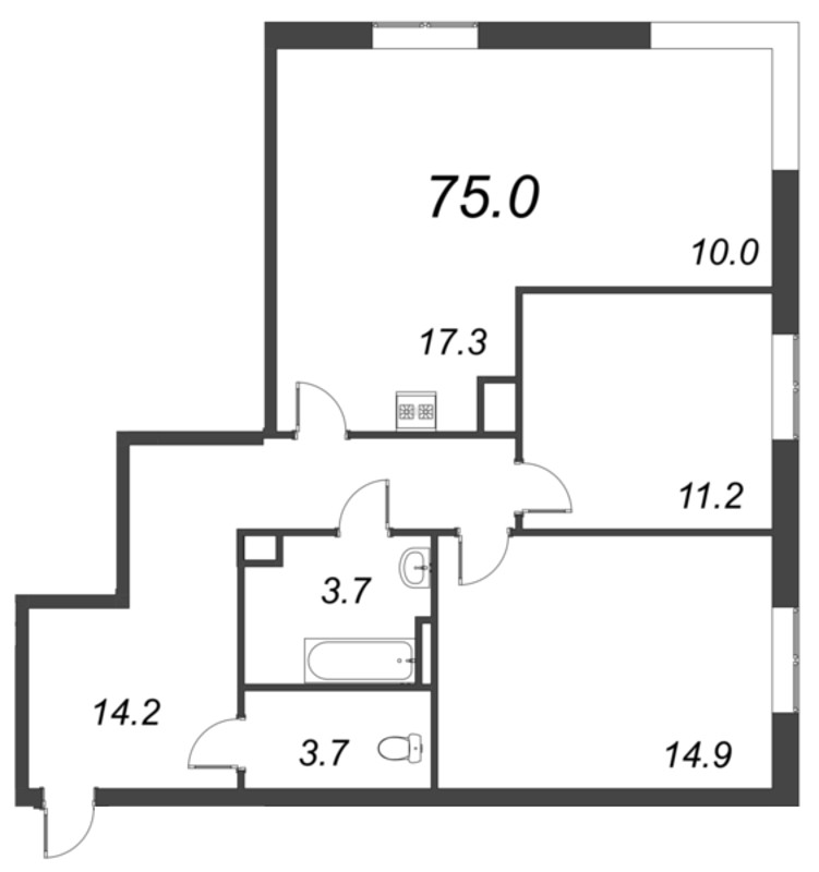 3-комнатная (Евро) квартира, 74.9 м² в ЖК "Neva Haus" - планировка, фото №1