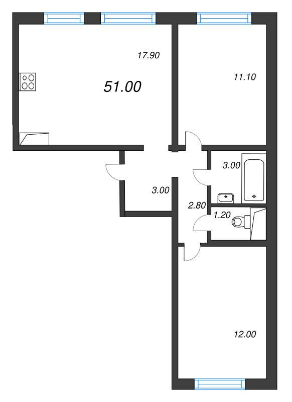 3-комнатная (Евро) квартира, 51 м² - планировка, фото №1