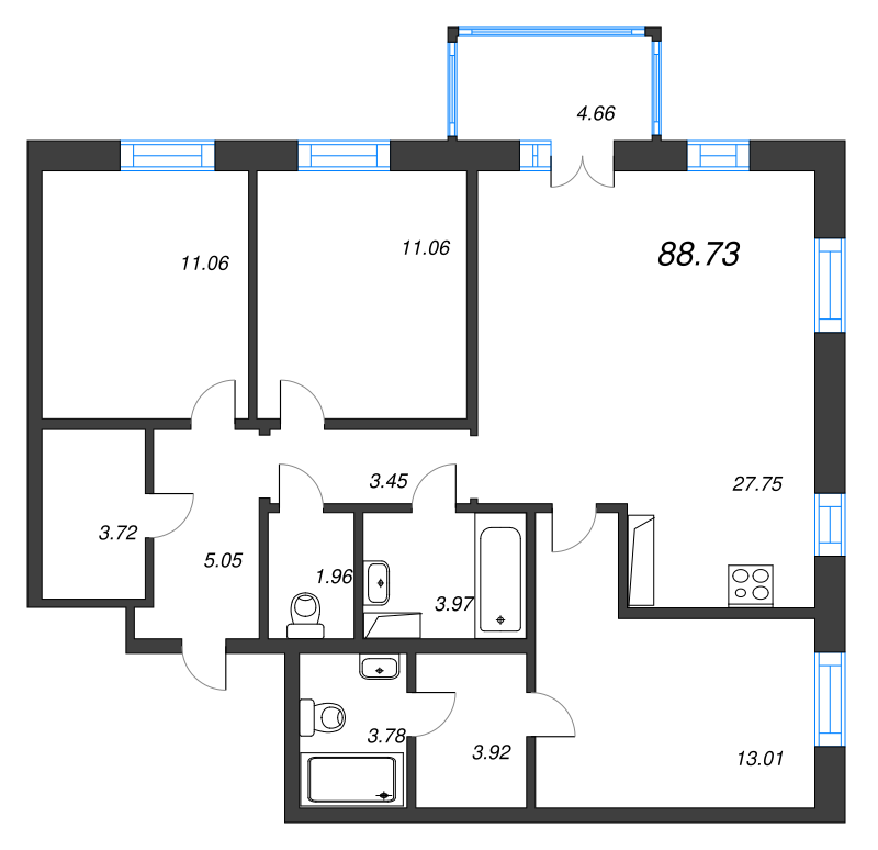 4-комнатная (Евро) квартира, 88.73 м² в ЖК "Черная речка, 41" - планировка, фото №1