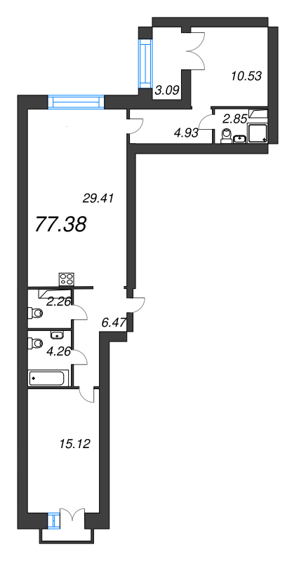 2-комнатная квартира, 77.38 м² в ЖК "Наука" - планировка, фото №1