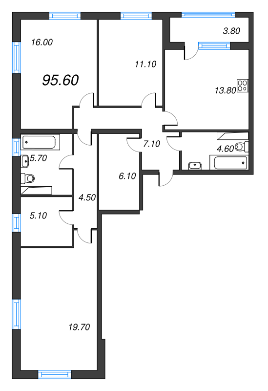 3-комнатная квартира, 95.6 м² в ЖК "Тайм Сквер" - планировка, фото №1