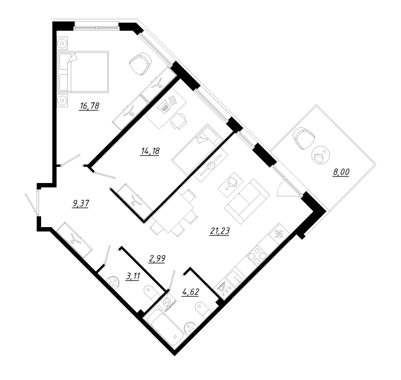 3-комнатная (Евро) квартира, 74.7 м² в ЖК "Счастье 2.0" - планировка, фото №1