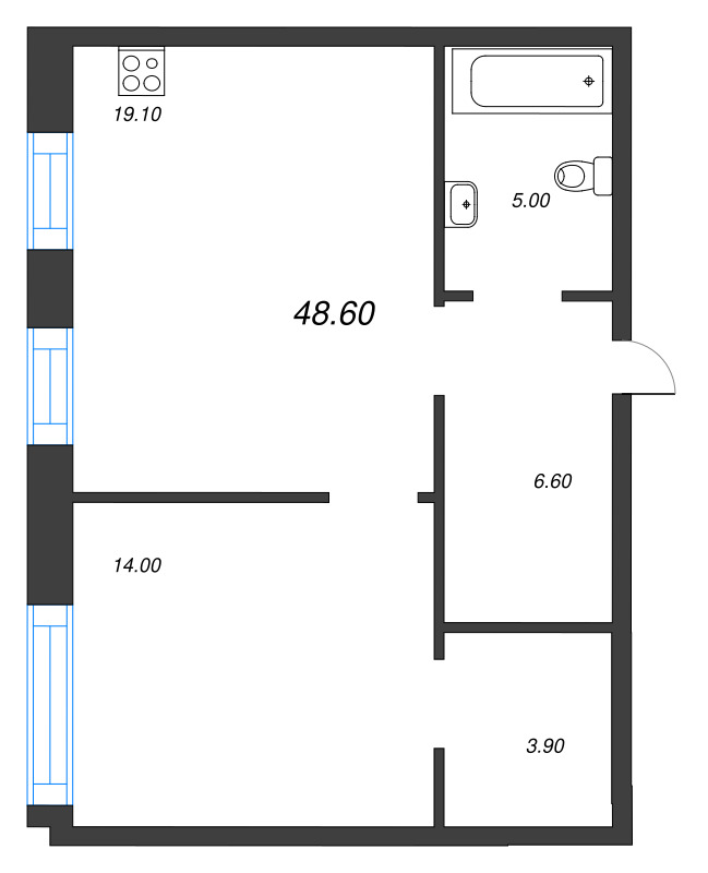 2-комнатная (Евро) квартира, 48.6 м² в ЖК "ЛДМ" - планировка, фото №1