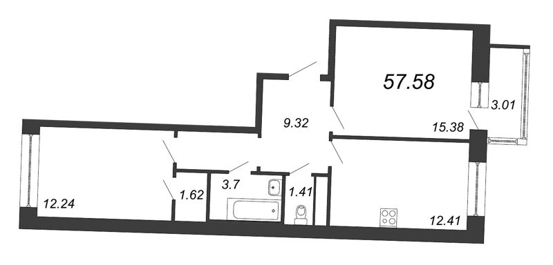 2-комнатная квартира, 57.58 м² - планировка, фото №1