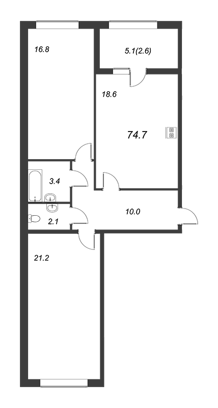2-комнатная квартира, 74.7 м² в ЖК "Domino" - планировка, фото №1