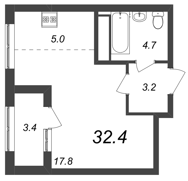 Квартира-студия, 32.3 м² в ЖК "Галактика" - планировка, фото №1
