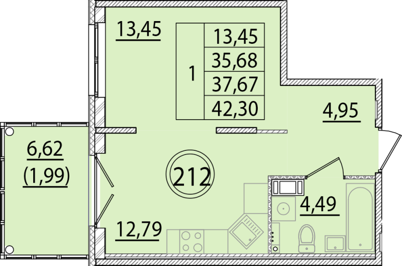 1-комнатная квартира, 35.68 м² в ЖК "Образцовый квартал 15" - планировка, фото №1