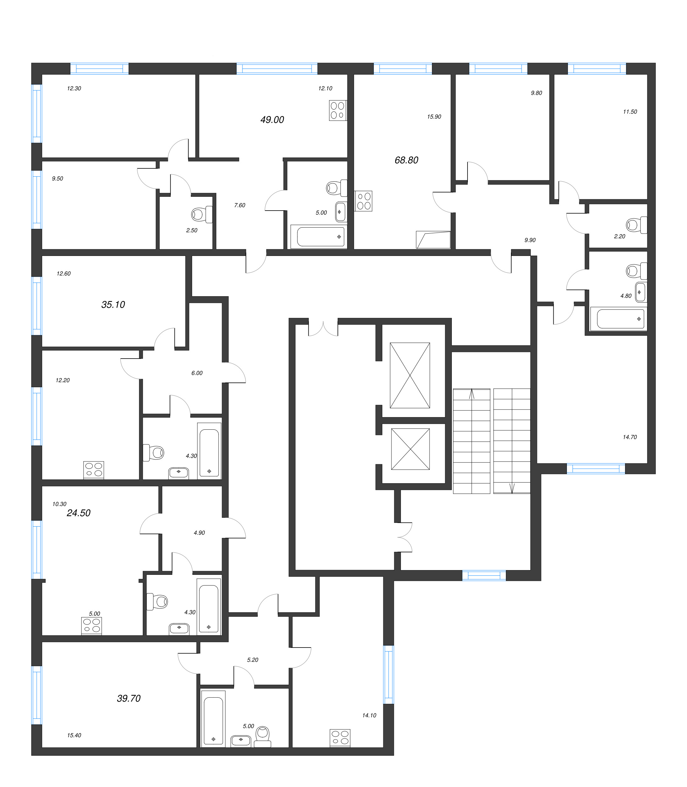 3-комнатная квартира, 68.8 м² в ЖК "Монография" - планировка этажа
