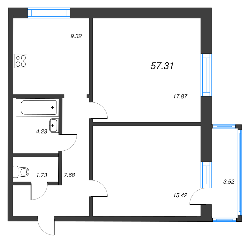 2-комнатная квартира, 57.31 м² в ЖК "ID Murino II" - планировка, фото №1