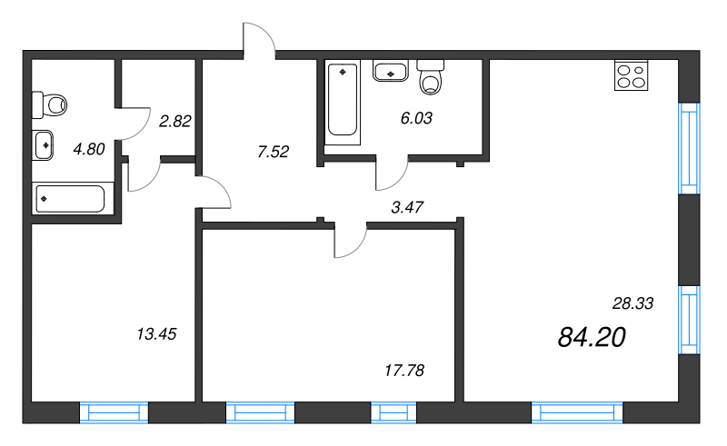 3-комнатная (Евро) квартира, 84.2 м² в ЖК "Черная речка, 41" - планировка, фото №1