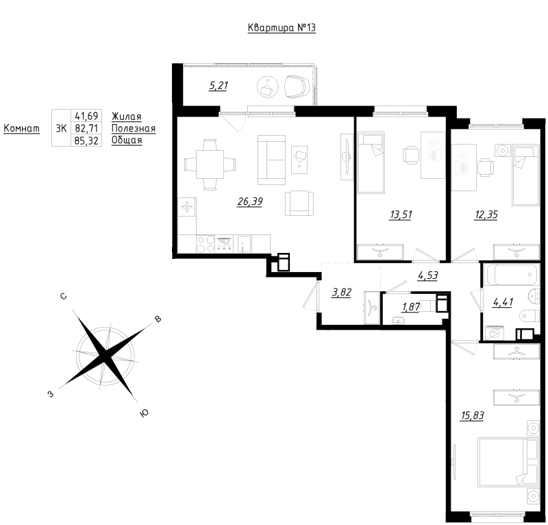 4-комнатная (Евро) квартира, 85.32 м² в ЖК "Счастье 2.0" - планировка, фото №1