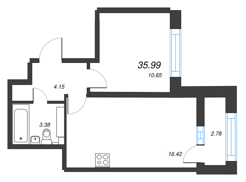 2-комнатная (Евро) квартира, 35.99 м² в ЖК "БелАрт" - планировка, фото №1