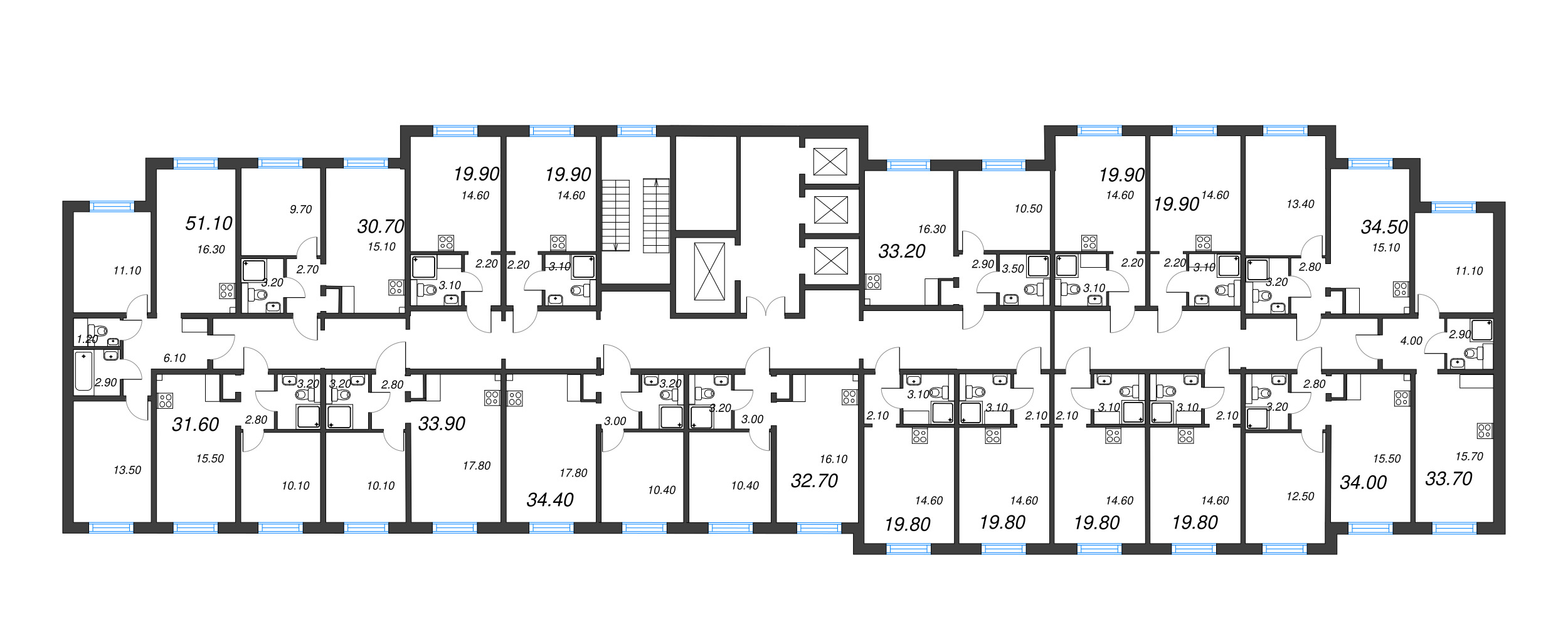 3-комнатная (Евро) квартира, 51.1 м² - планировка этажа