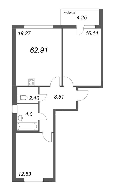 2-комнатная квартира, 62.91 м² - планировка, фото №1