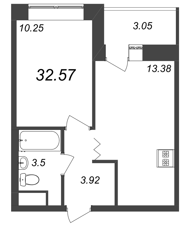 1-комнатная квартира, 32.57 м² в ЖК "Уютный" - планировка, фото №1