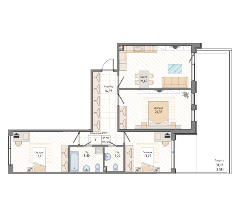 3-комнатная квартира, 105.9 м² в ЖК "Мануфактура James Beck" - планировка, фото №1