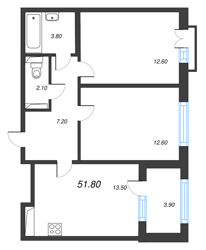 2-комнатная квартира, 51.8 м² в ЖК "Дубровский" - планировка, фото №1