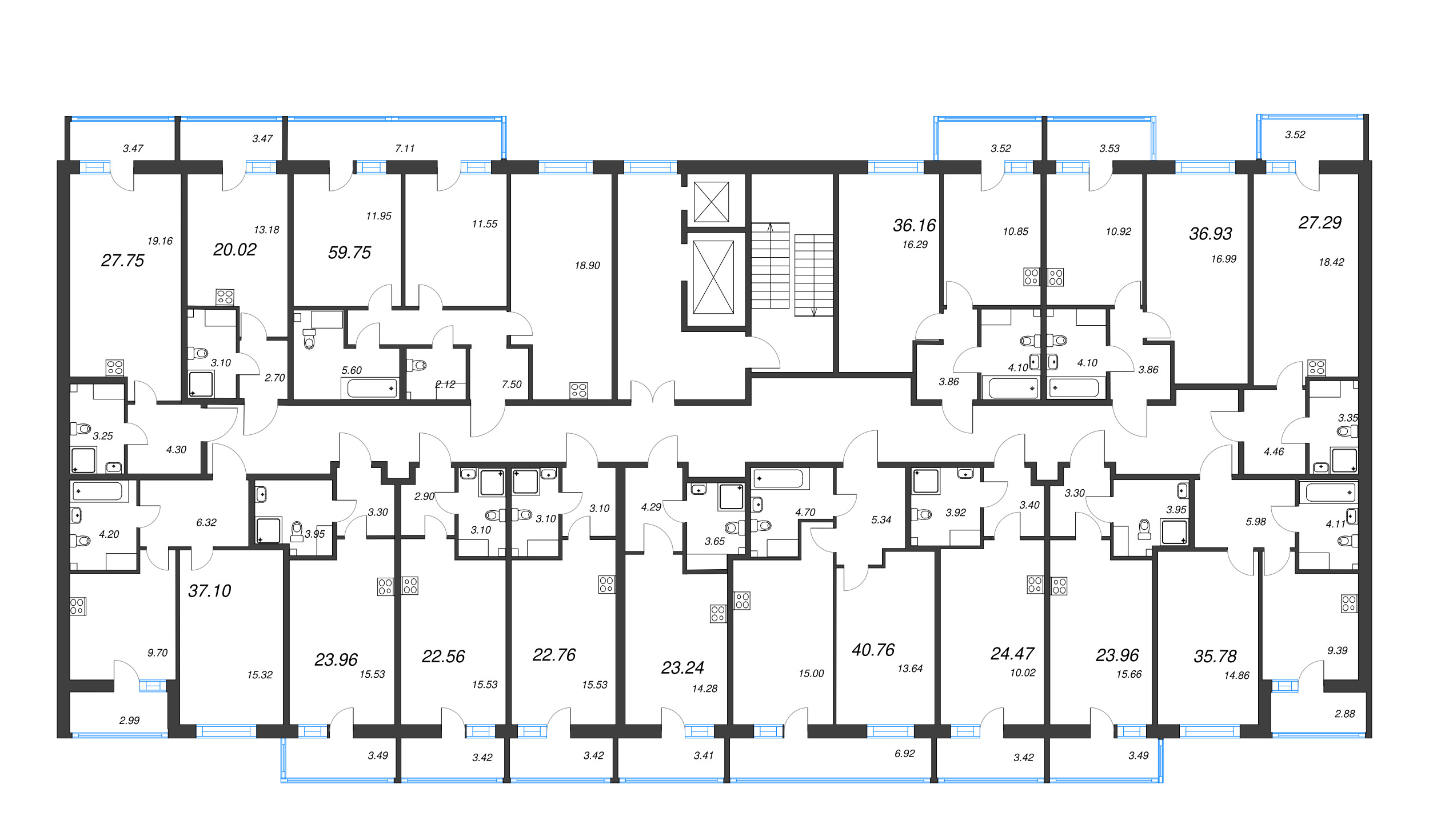 3-комнатная (Евро) квартира, 59.75 м² в ЖК "Аквилон Янино" - планировка этажа