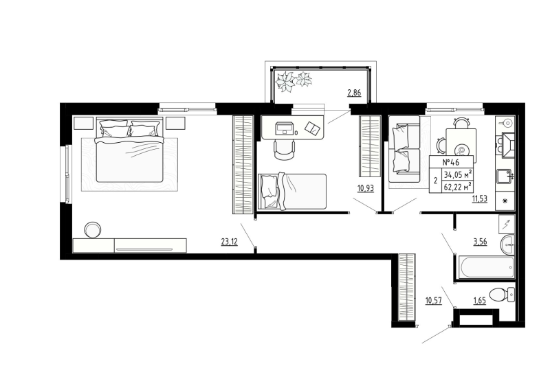 2-комнатная квартира, 62.22 м² в ЖК "Аннино Сити" - планировка, фото №1