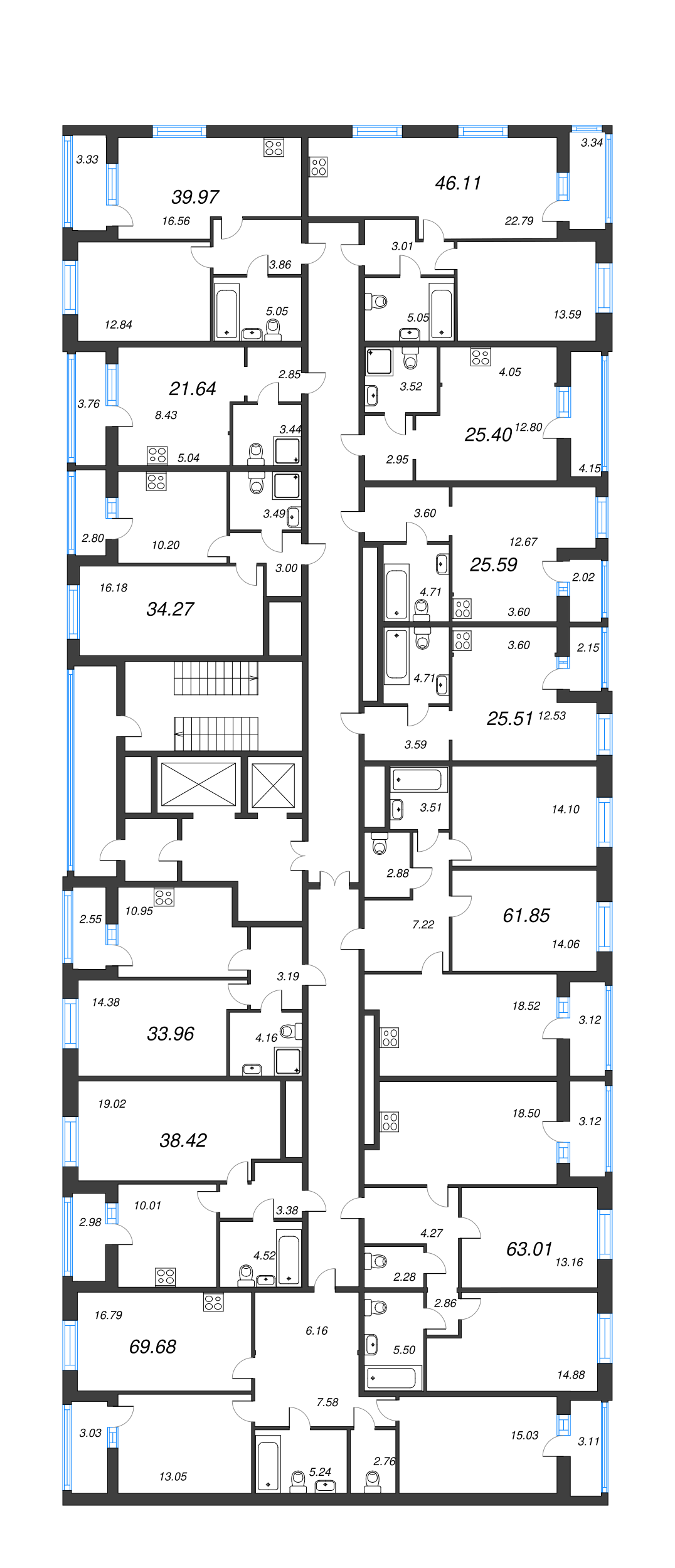 3-комнатная (Евро) квартира, 63.01 м² в ЖК "Аквилон Leaves" - планировка этажа