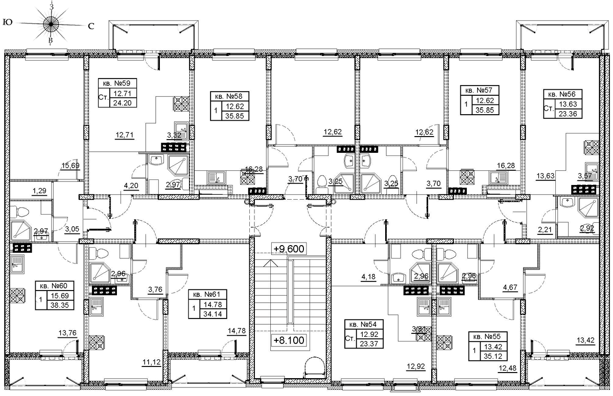 2-комнатная (Евро) квартира, 35.9 м² в ЖК "Верево Сити" - планировка этажа