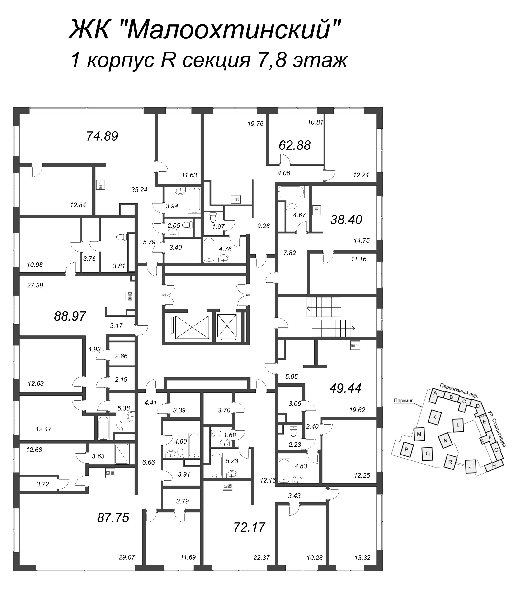 2-комнатная (Евро) квартира, 51.2 м² в ЖК "Малоохтинский, 68" - планировка этажа