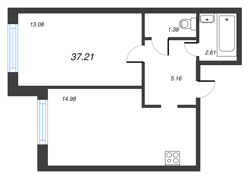 1-комнатная квартира, 37.21 м² в ЖК "Parkolovo" - планировка, фото №1