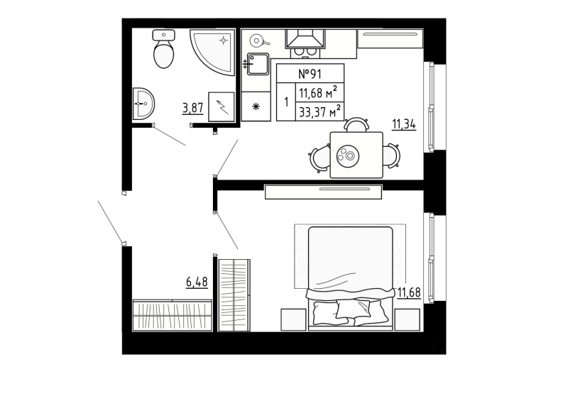 1-комнатная квартира, 33.37 м² - планировка, фото №1