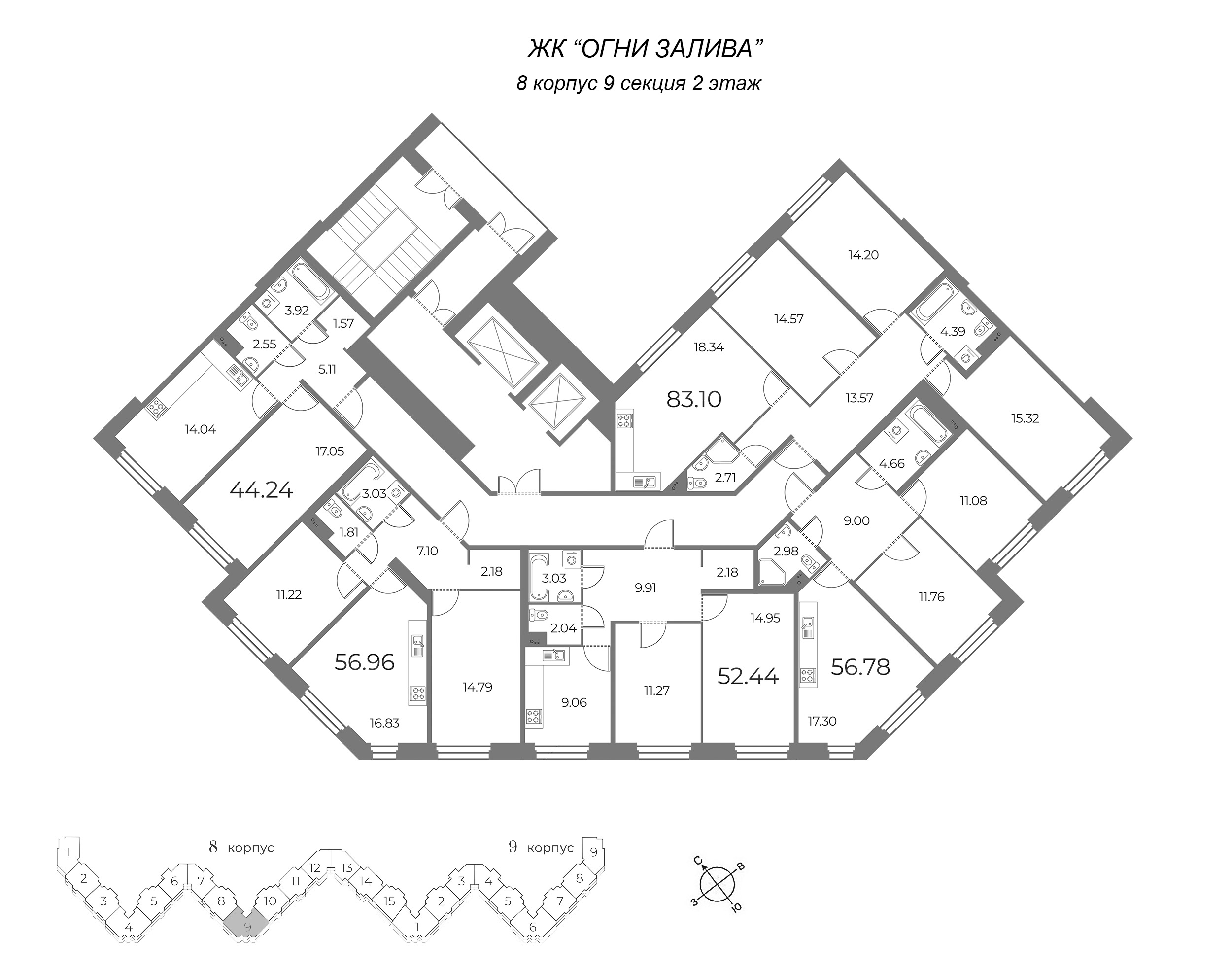 1-комнатная квартира, 44.24 м² в ЖК "Огни Залива" - планировка этажа