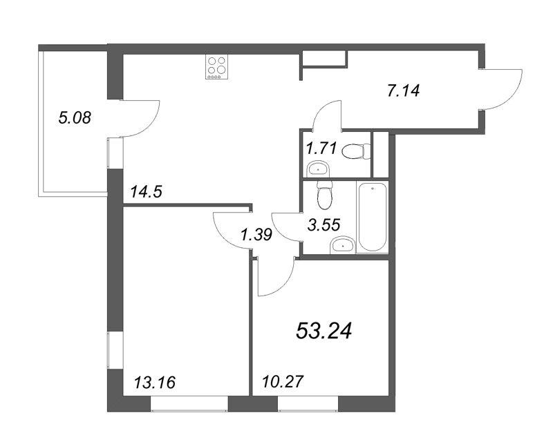 2-комнатная квартира, 53.34 м² - планировка, фото №1