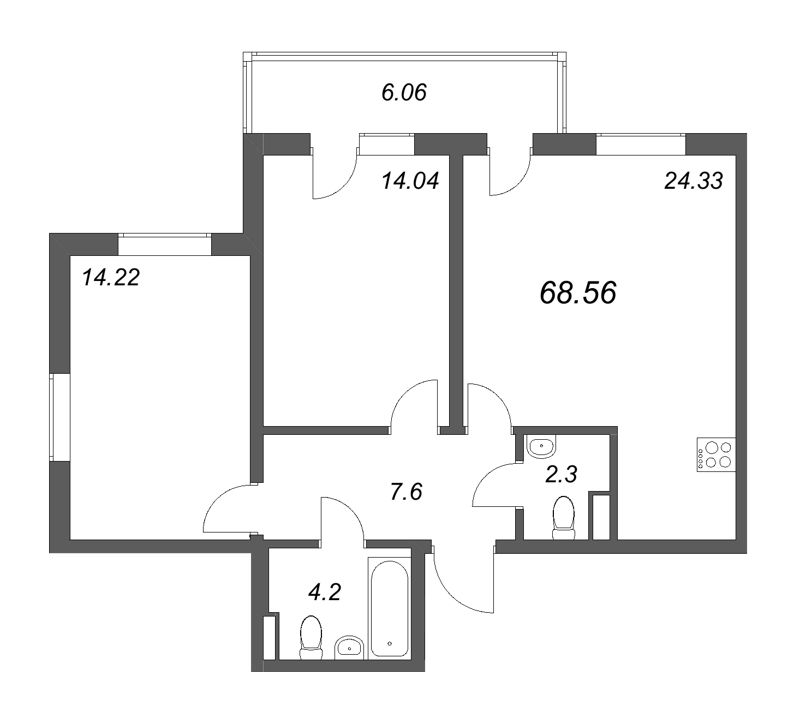 3-комнатная (Евро) квартира, 68.56 м² в ЖК "Новая история" - планировка, фото №1