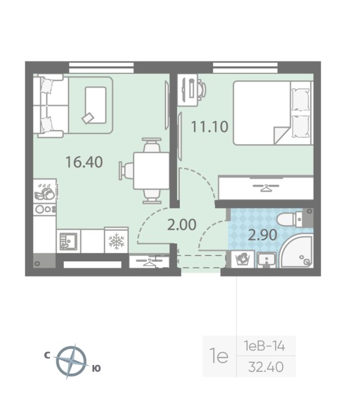 2-комнатная (Евро) квартира, 32.4 м² - планировка, фото №1