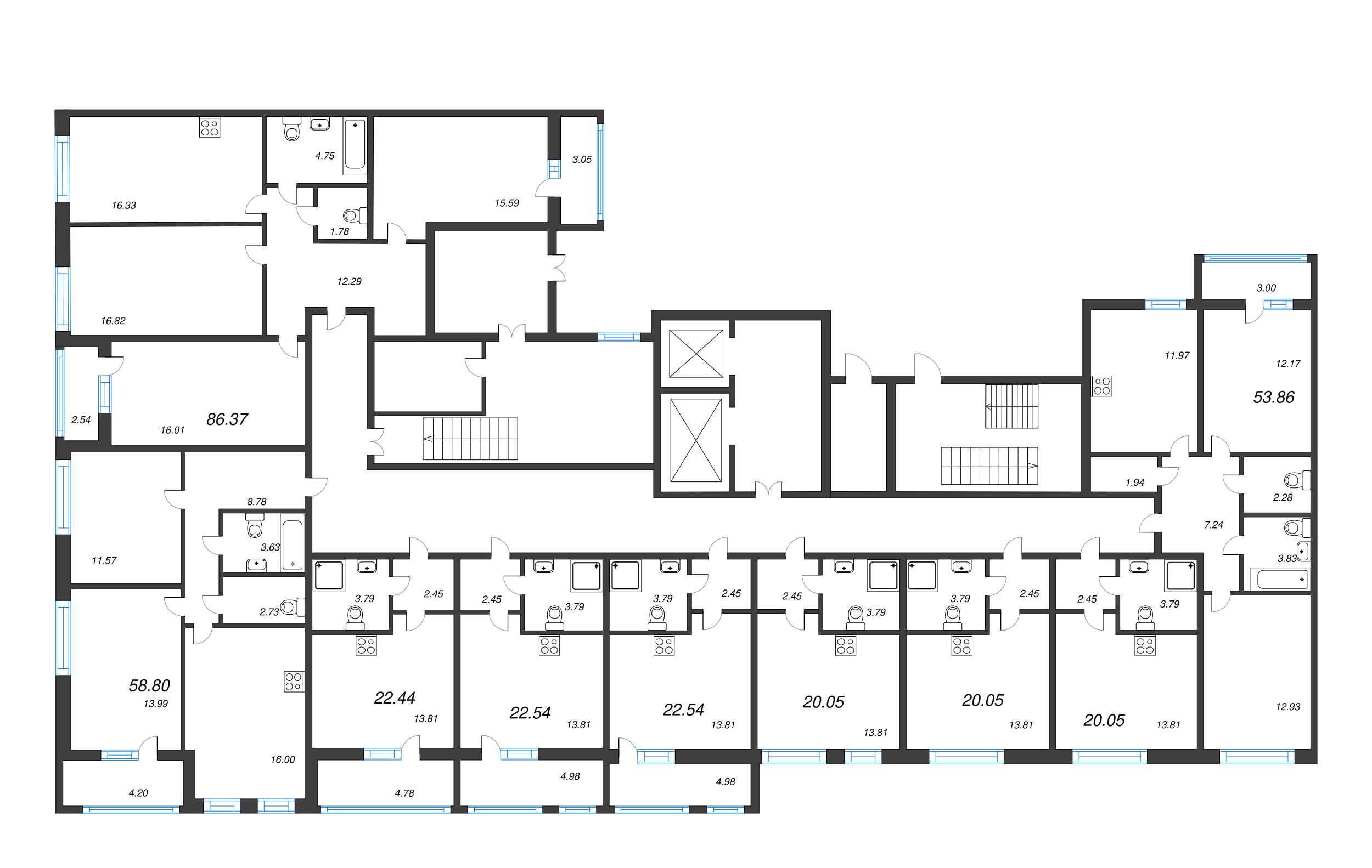 3-комнатная (Евро) квартира, 58.8 м² в ЖК "Cube" - планировка этажа
