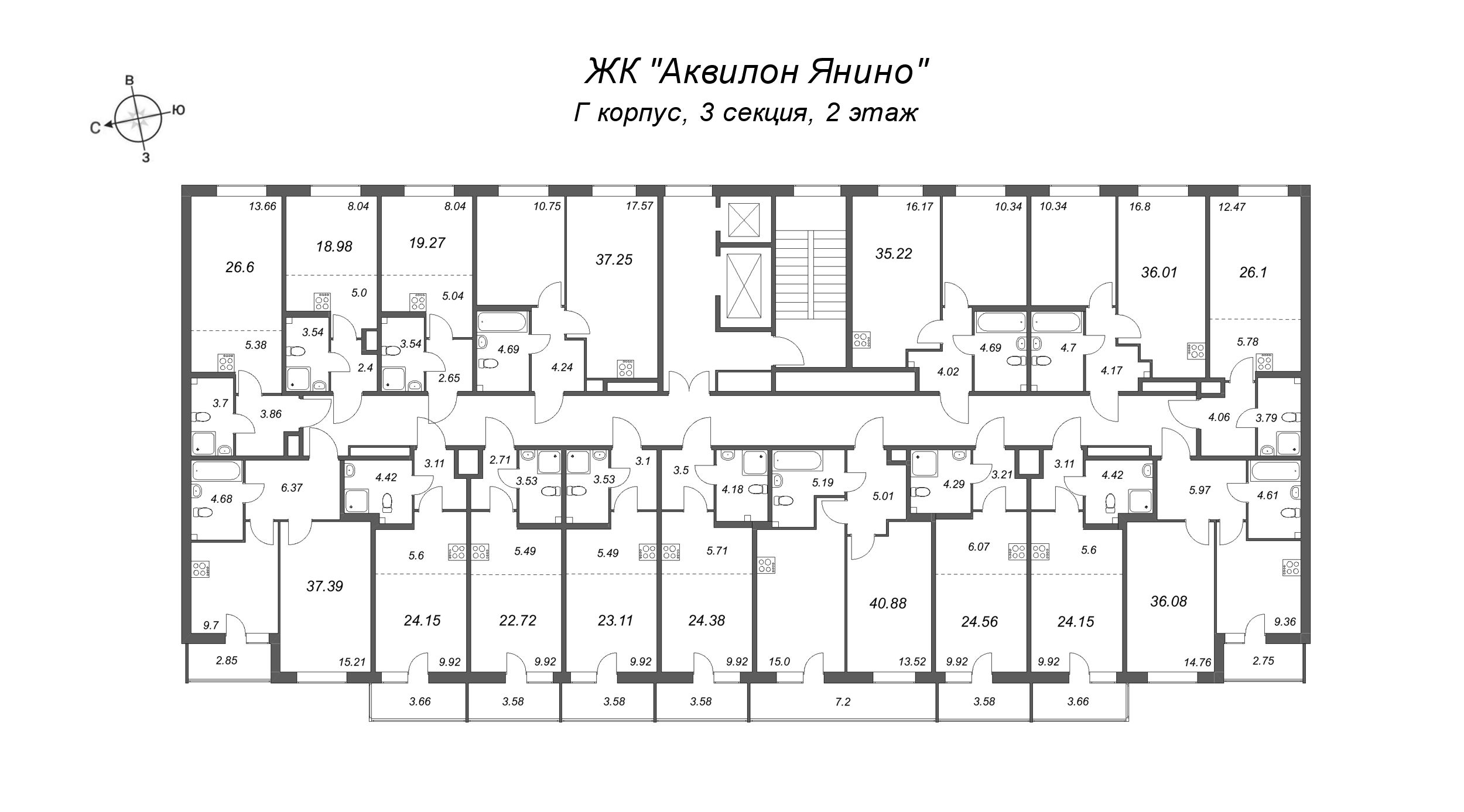 2-комнатная (Евро) квартира, 36.01 м² в ЖК "Аквилон Янино" - планировка этажа
