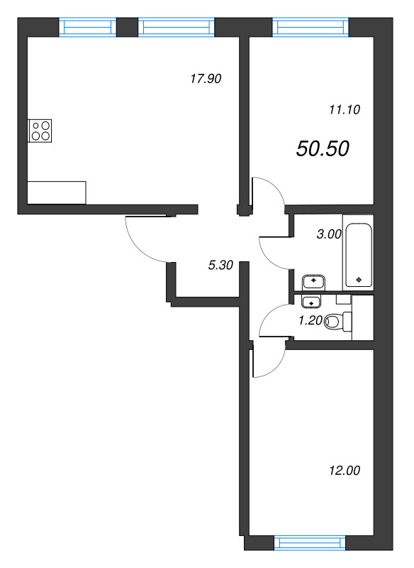 2-комнатная квартира, 50.5 м² - планировка, фото №1