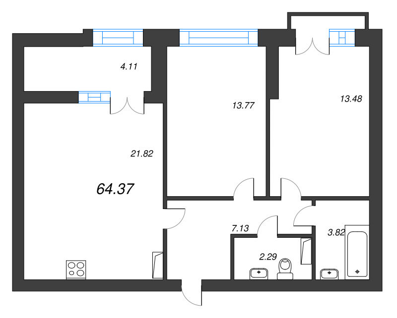 2-комнатная квартира, 64.37 м² в ЖК "Наука" - планировка, фото №1