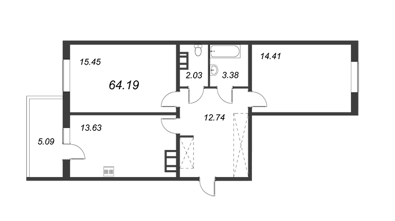 2-комнатная квартира, 61.64 м² - планировка, фото №1