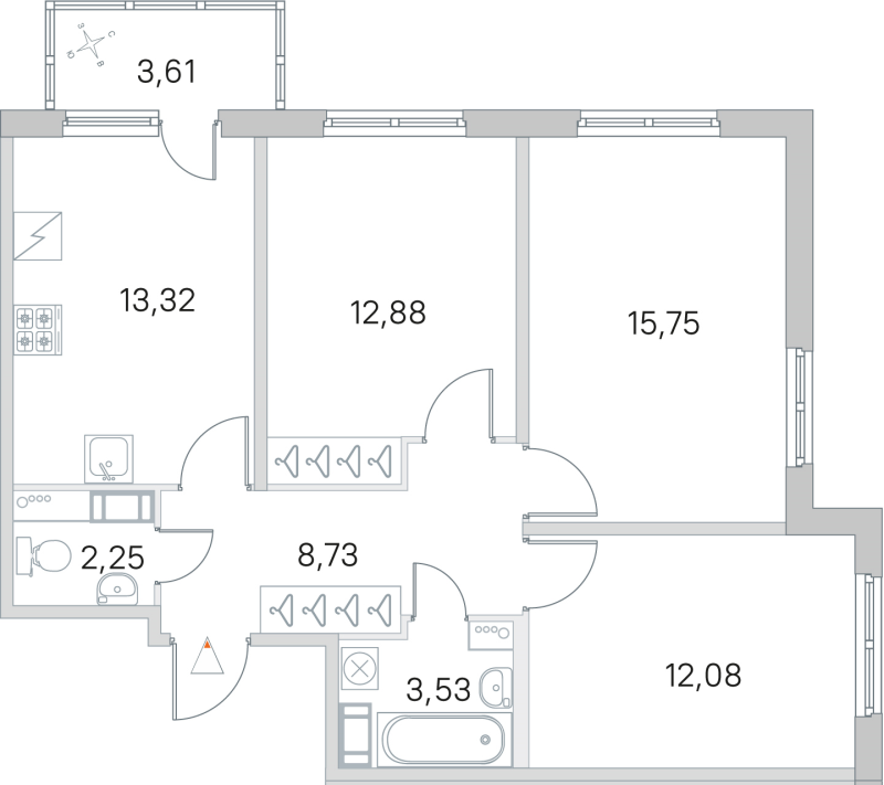 3-комнатная квартира, 68.54 м² в ЖК "ЮгТаун" - планировка, фото №1