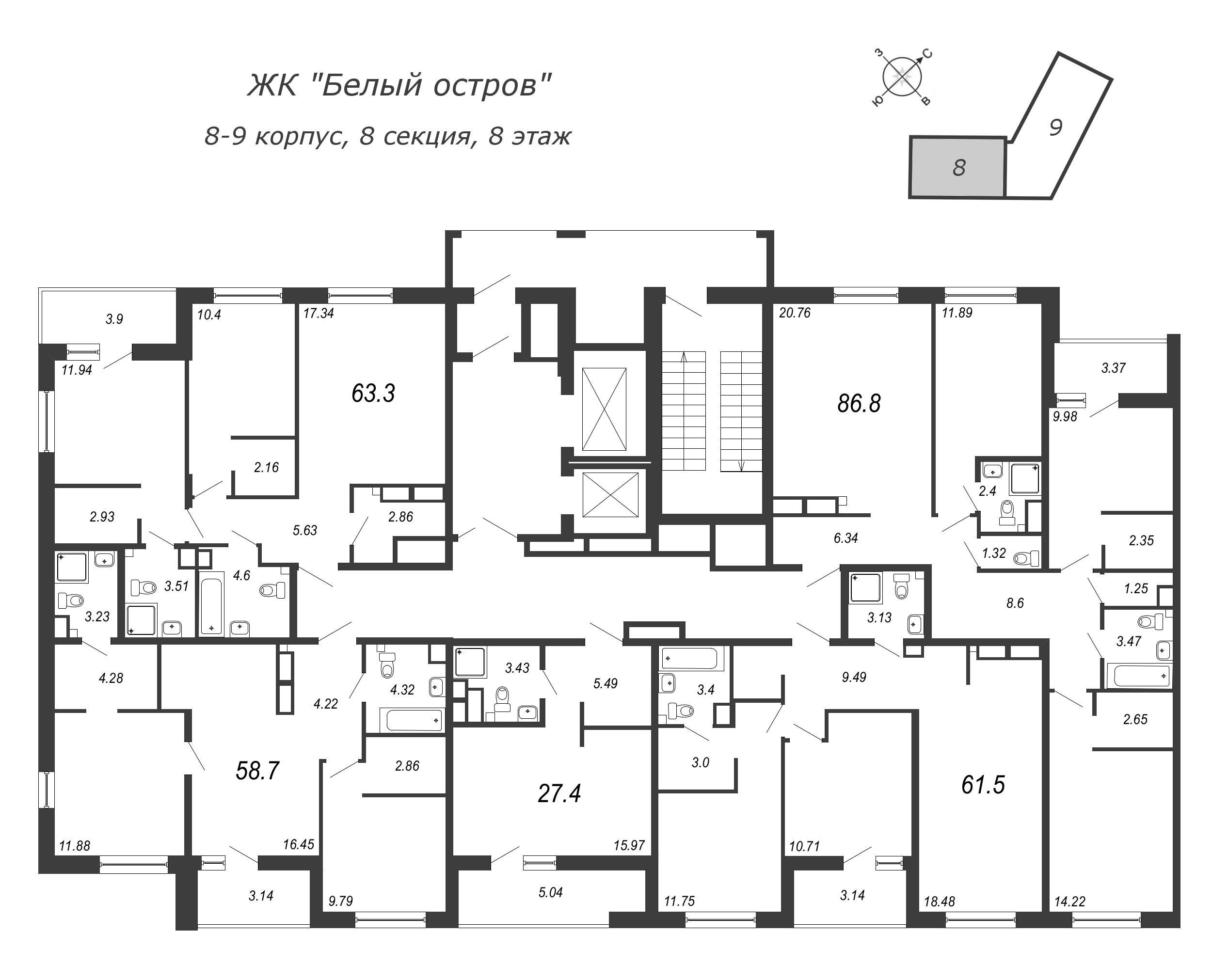 4-комнатная (Евро) квартира, 88.6 м² в ЖК "Белый остров" - планировка этажа