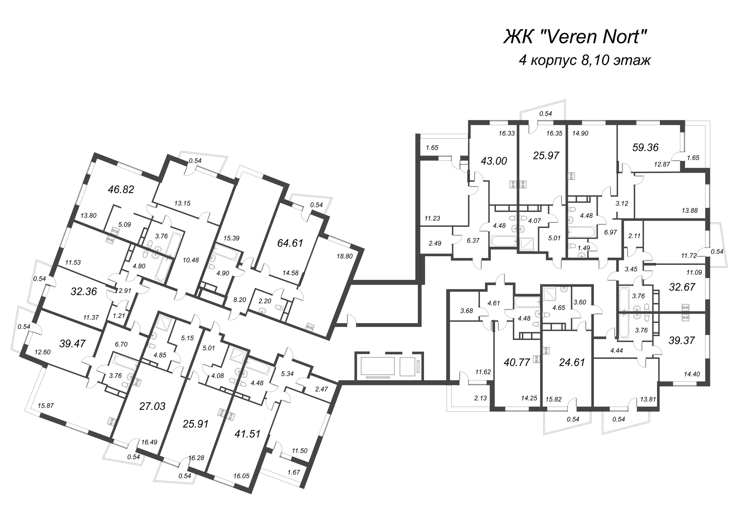 3-комнатная (Евро) квартира, 59.36 м² в ЖК "VEREN NORT сертолово" - планировка этажа