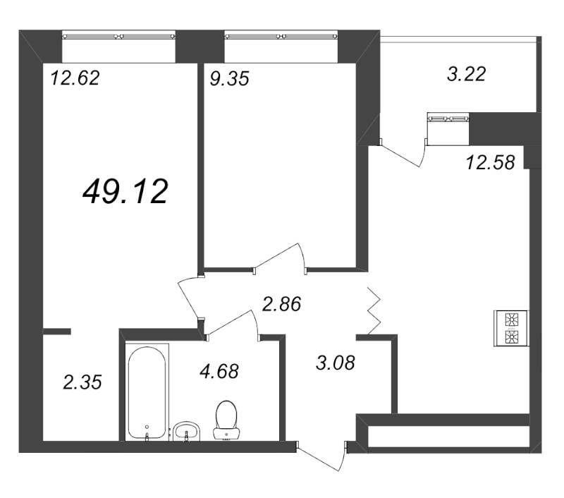 2-комнатная квартира, 49.12 м² в ЖК "Уютный" - планировка, фото №1