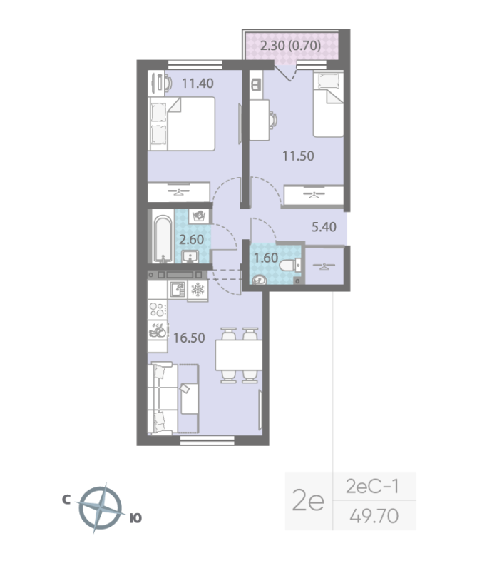 3-комнатная (Евро) квартира, 49.7 м² - планировка, фото №1
