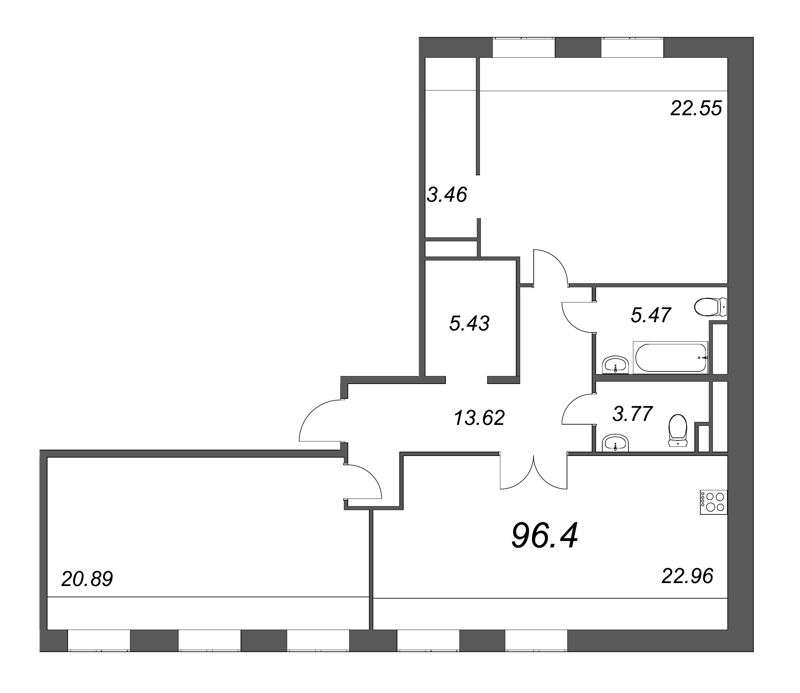 3-комнатная (Евро) квартира, 104.9 м² в ЖК "Мадонна Бенуа" - планировка, фото №1