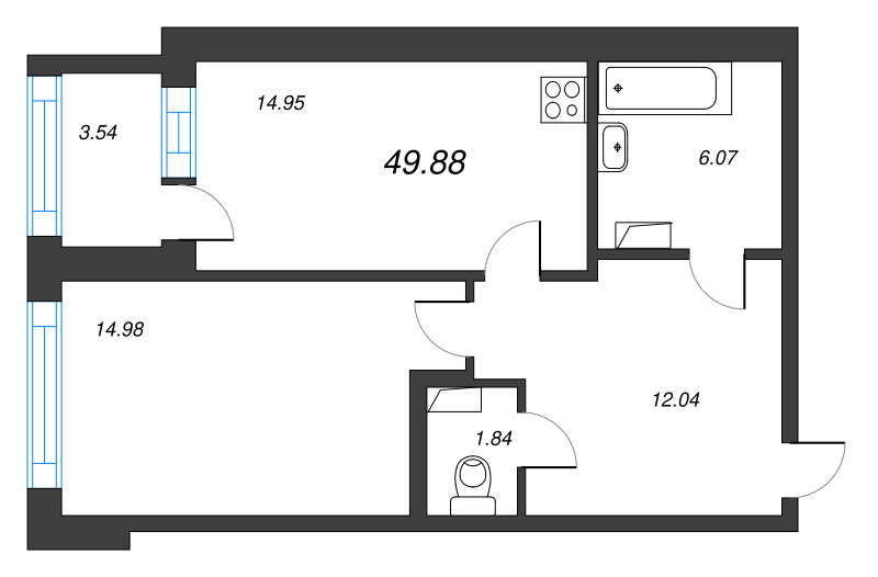 1-комнатная квартира, 49.88 м² в ЖК "Континенты" - планировка, фото №1