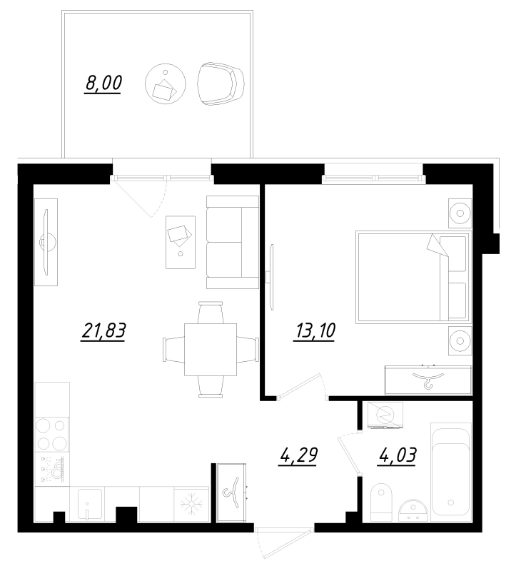 2-комнатная (Евро) квартира, 45.7 м² в ЖК "Счастье 2.0" - планировка, фото №1